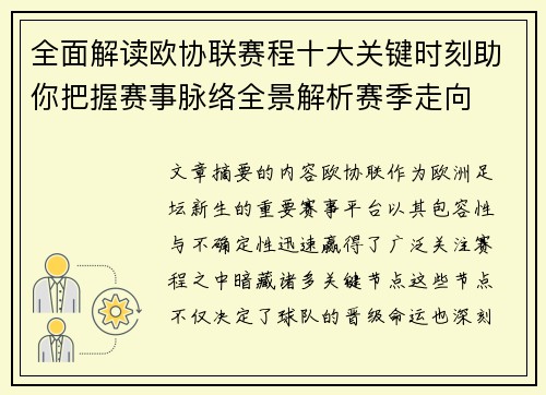 全面解读欧协联赛程十大关键时刻助你把握赛事脉络全景解析赛季走向